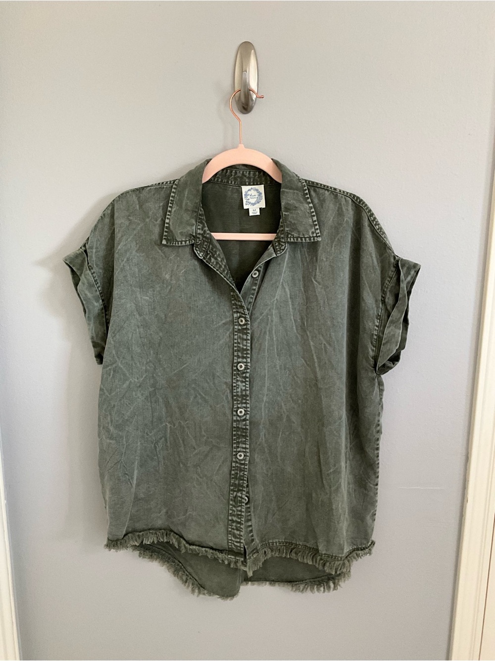 Blue Rain Olive Green Washed Button-Front Short Sleeve Shirt